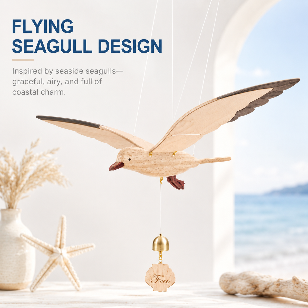 Flying Wooden Seagull DIY Kit – Coastal Beach Hanging Decor with “Free” Shell Tag 🌊