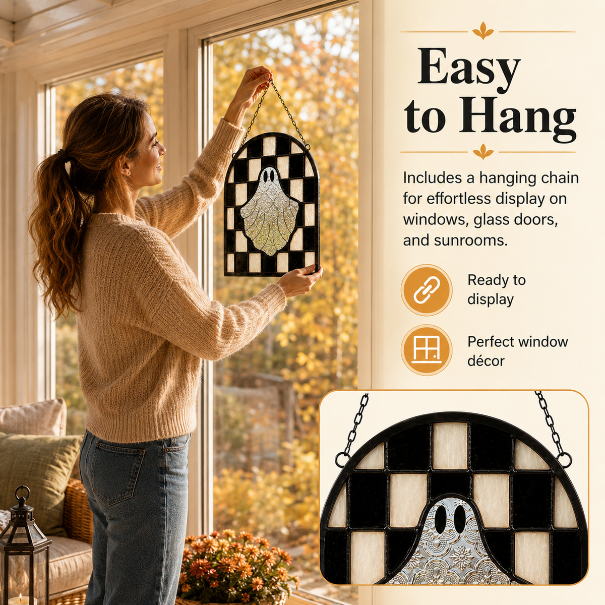 Halloween Ghost Stained Glass Window Suncatcher â€“ Hanging Ghost Window Decor