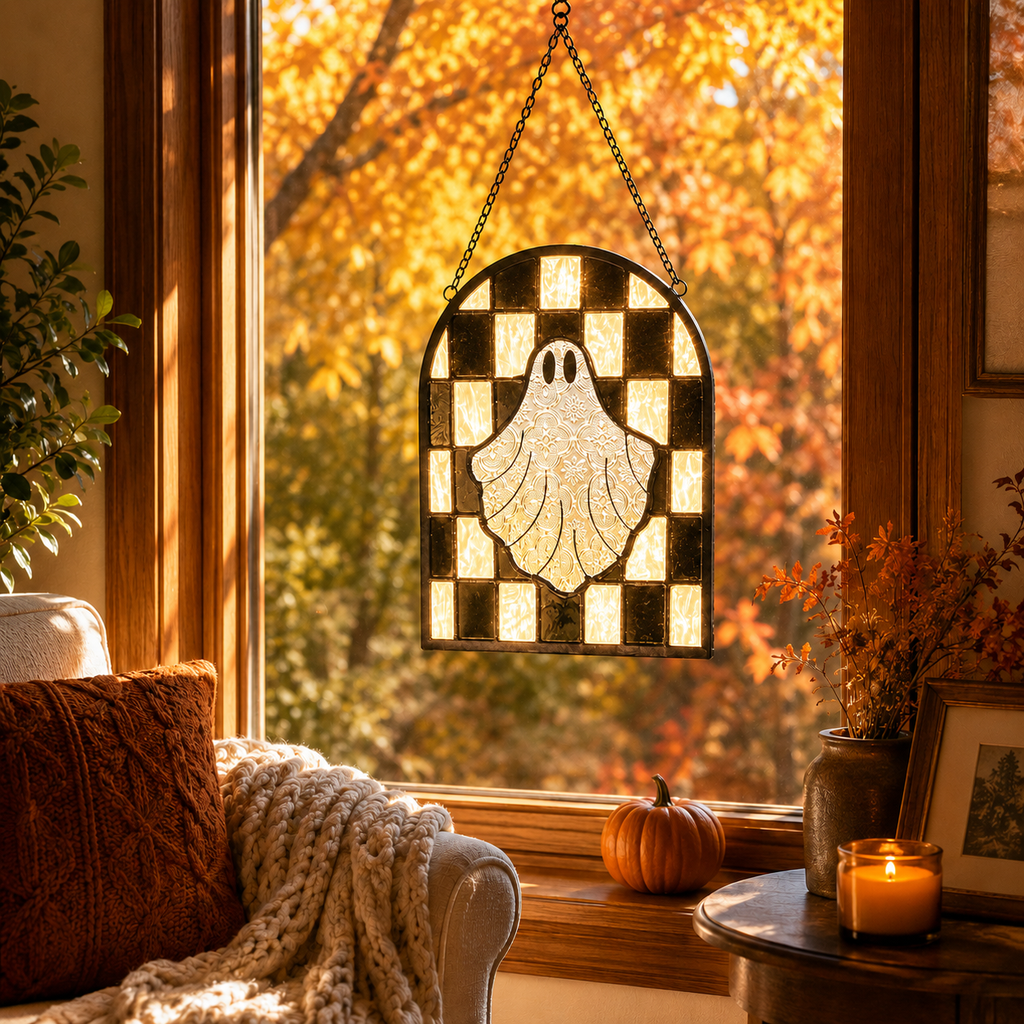 Halloween Ghost Stained Glass Window Suncatcher â€“ Hanging Ghost Window Decor